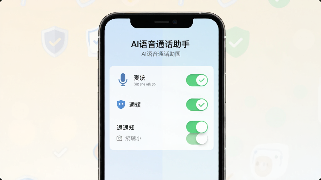 手机屏幕显示“AI语音通话助手”的权限管理页面,页面上有麦克风、悬浮窗、通知等权限开关,旁边有盾牌与勾选图标,背景为浅色渐变,扁平化风格,布局清晰,画质干净,无多余元素