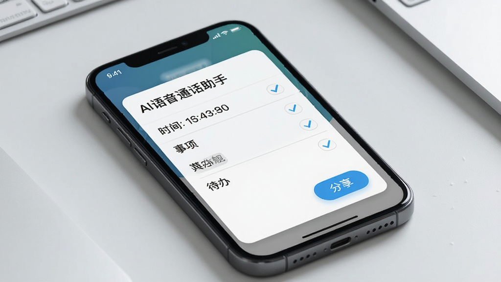 手机屏幕显示“AI语音通话助手”的通话摘要卡片,卡片上有“时间”“事项”“待办”等文字标签和勾选图标,旁边有分享按钮,背景为浅灰色工作台,风格为清爽UI展示图,排版整齐,画质清晰,干净无多余元素