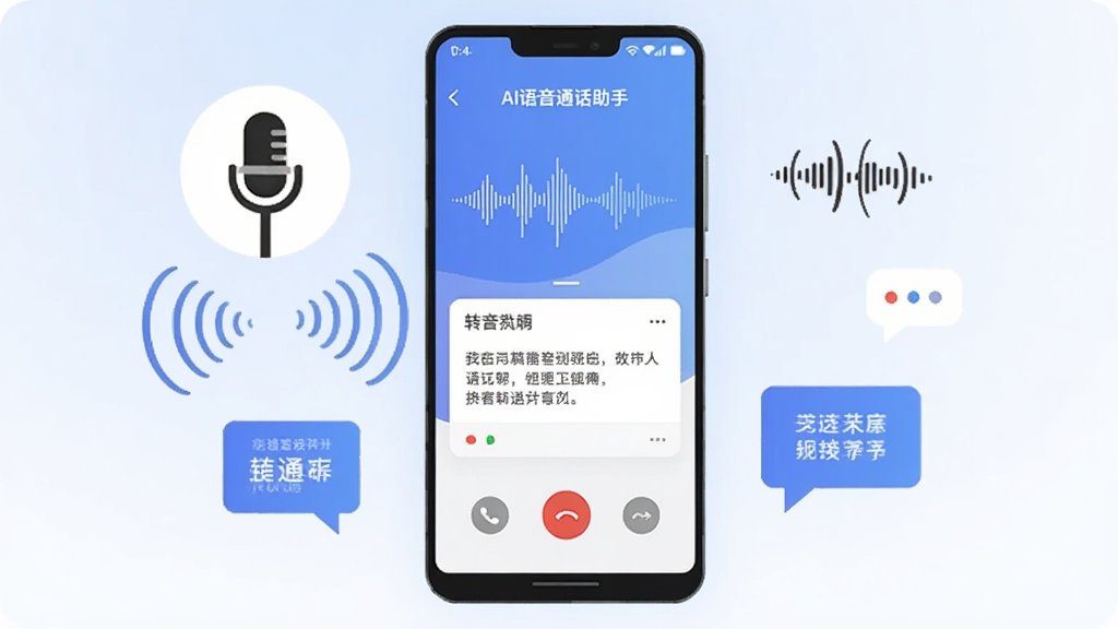 画面中央是一部竖屏安卓手机,手机屏幕显示“AI语音通话助手”的通话辅助界面,界面中有声波图形和文字转写卡片,手机周围漂浮着麦克风、降噪波纹、文字气泡等图标,背景为浅蓝到白色的渐变,整体采用扁平化科技插画风格,细节干净,画质清晰,无多余元素