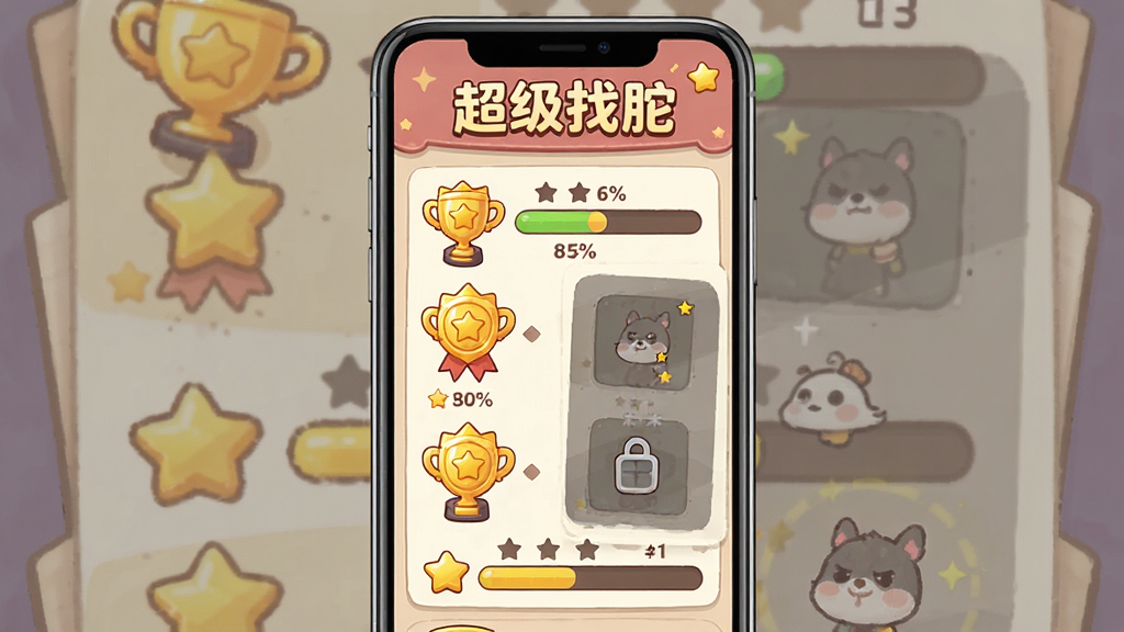 主体为超级找茬游戏成就页面,画面中展示多枚金色成就徽章和星级评分进度条,布局为手机屏幕竖向展示,顶部有“超级找茬”字样,排版层次分明,风格为精致可爱的游戏成就界面风,细节包含奖杯图标、进度百分比、已解锁与未解锁状态对比,画质清晰干净,无多余元素