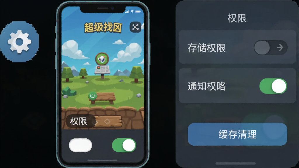 主体为手机屏幕显示超级找茬游戏运行画面,画面旁边有设置齿轮图标和权限开关示意,布局为手机与设置面板并排展示,排版清晰直观,风格为简洁的科技说明插画风,细节包含存储权限、通知权限开关、缓存清理按钮等元素,画质清晰干净,无多余元素