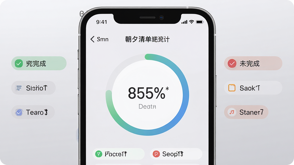 一张展示朝夕清单进度统计界面的图片,手机屏幕中央显示环形进度图和完成百分比数字,周围分布着已完成与未完成任务的分类标签,背景为干净的浅灰色渐变,风格简洁数据可视化,排版规整,画质高清无噪点