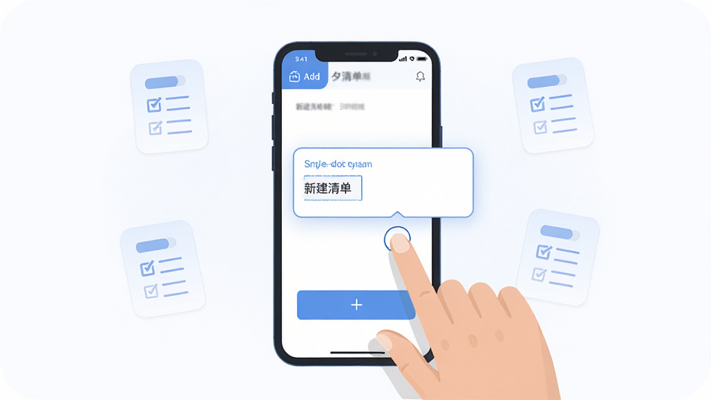 一张表现朝夕清单创建清单功能的示意图,画面中一只手正在手机屏幕上点击添加按钮,屏幕上浮现出新建清单的输入框,周围有淡淡的清单图标元素点缀,整体布局简洁居中,风格现代扁平化,色调以蓝白为主,细节清晰,画质干净无杂乱