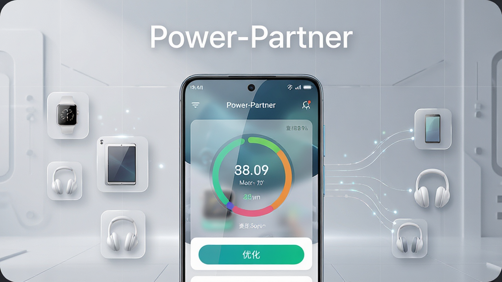 画面主体为一台居中摆放的华为智能手机,屏幕亮起显示Power-Partner应用主界面,界面包含设备健康评分环形图与优化按钮;背景为浅灰色渐变科技风格空间,左侧悬浮半透明设备图标(手表、平板、耳机),右侧有细线连接至手机形成生态网络;排版采用中心对称构图,上方留白放置应用名称文字“Power-Partner”;风格为干净现代科技感,细节包括界面高光反射、图标微投影、背景细微网格线;画质4K高清,画面干净无多余元素