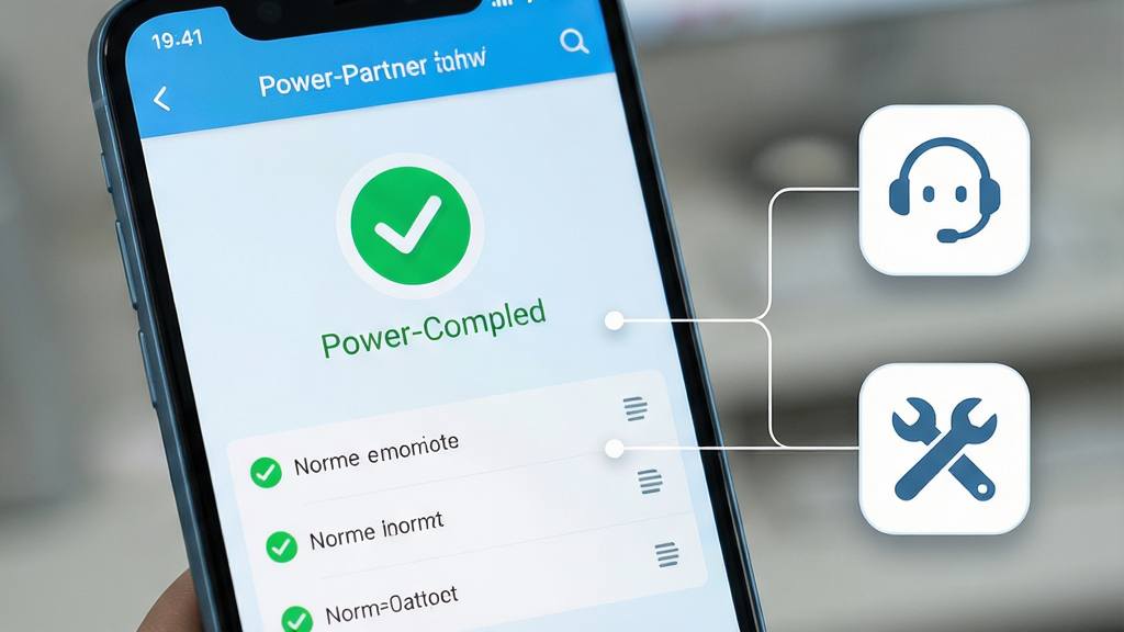 画面主体为一部华为手机屏幕特写,屏幕显示Power-Partner的故障诊断界面,界面中央有一个绿色对勾图标与检测完成字样,下方列出三项检测项目均显示正常;手机右侧悬浮一个客服耳机图标与扳手工具图标,以细线连接至屏幕;布局为手机占画面左侧三分之二,图标在右侧纵向排列;风格为清爽扁平化设计,浅蓝与白色为主;细节包括图标圆角处理、屏幕内文字清晰可读、背景轻微虚化;画质高清,画面干净无多余元素