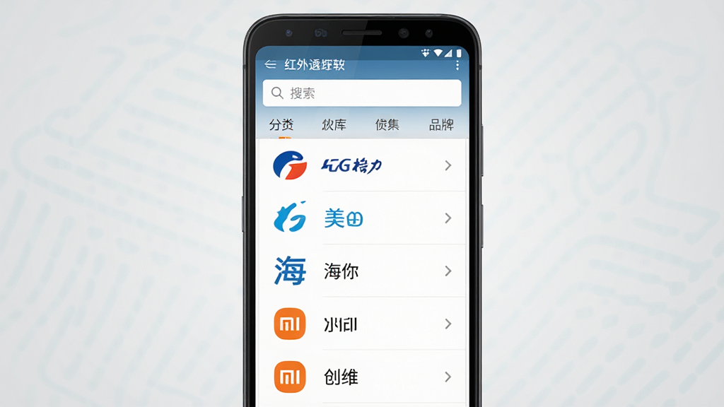 一张展示红外遥控软件码库界面的手机截图风格图片,画面主体是一部安卓手机,屏幕显示品牌选择列表,列表中有格力、美的、海尔、小米、创维等品牌名称,布局为手机居中,背景为浅灰色渐变,风格为扁平化UI设计展示,细节包括清晰的品牌logo图标、搜索框、分类标签,画质高清,干净无杂乱
