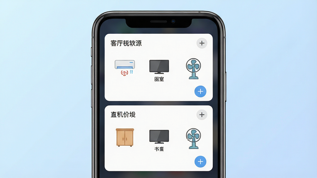 一张展示红外遥控软件分组管理界面的手机效果图,画面中手机屏幕显示客厅、卧室、书房三个分组卡片,每个卡片内有空调、电视、风扇等设备图标,布局为手机居中展示,背景为柔和渐变浅蓝色,风格为清新扁平化设计,细节包括分组名称文字、设备图标、添加按钮,画质高清,干净整洁,无多余元素