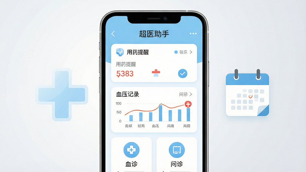 画面中央放置一部竖屏智能手机,手机屏幕内展示健康管理类应用主界面,界面上有“超医助手”字样,包含用药提醒卡片、血压记录图表、问诊入口图标等元素;手机左侧漂浮一个半透明医疗十字图标,右侧漂浮一个日历提醒图标;整体采用浅蓝与白色为主的清爽医疗风格,扁平化插画质感;背景为纯净浅灰渐变,无杂乱装饰;画质清晰锐利,干净整洁,无多余元素