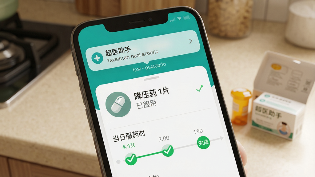 手机屏幕特写,显示“超医助手”用药提醒界面,一个圆形药丸图标旁标注“降压药 1片 已服用”,下方是当日服药时间轴,绿色对勾表示已完成;屏幕上方弹出提醒通知横幅;背景为虚化的厨房台面与药盒;整体风格清新写实,色调温暖;画质细腻,构图干净,无多余元素