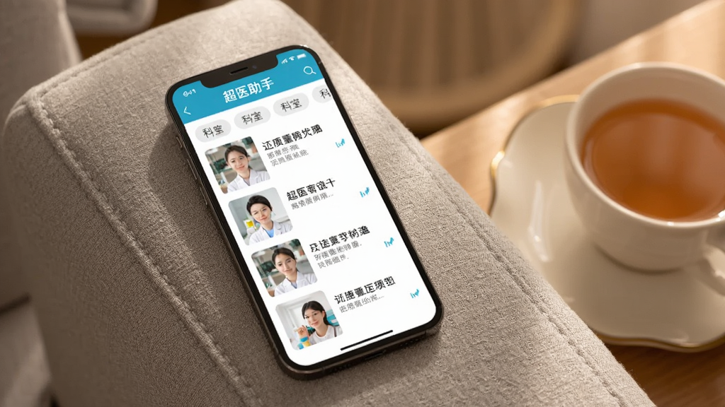 手机屏幕显示“超医助手”科普内容列表页,每条内容配有方形缩略图和两行标题文字,页面顶部有科室分类标签栏;手机放置在浅灰色布艺沙发扶手上,旁边有一杯茶;整体为居家休闲风格,暖色调,光线柔和;画质干净清晰,无杂乱元素