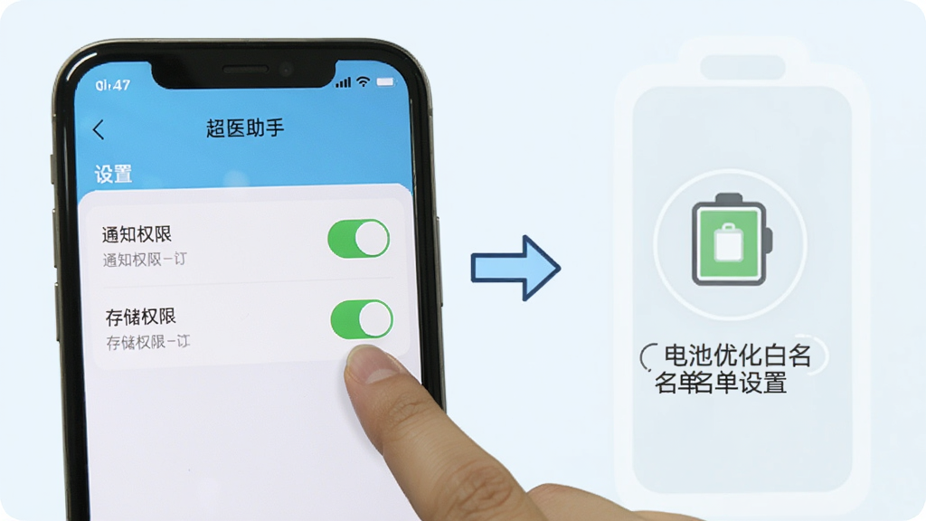 手机屏幕显示“超医助手”设置页面,通知权限与存储权限开关处于开启状态,旁边有一只手正在点击开关;画面右侧用图标示意电池优化白名单设置流程;整体为操作演示风格,浅色背景,清晰箭头引导;画质干净,无多余元素