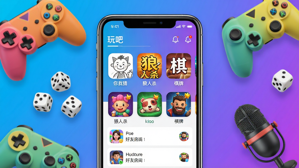 一张展示玩吧应用界面的手机场景图,画面中央是一部竖屏手机,屏幕上显示玩吧游戏大厅,包含你画我猜、狼人杀、棋牌等游戏图标与好友房间列表,手机周围点缀彩色游戏手柄、骰子、麦克风等元素,背景为明亮活泼的渐变蓝紫色,整体风格清新现代,细节丰富,画质清晰干净,无多余元素