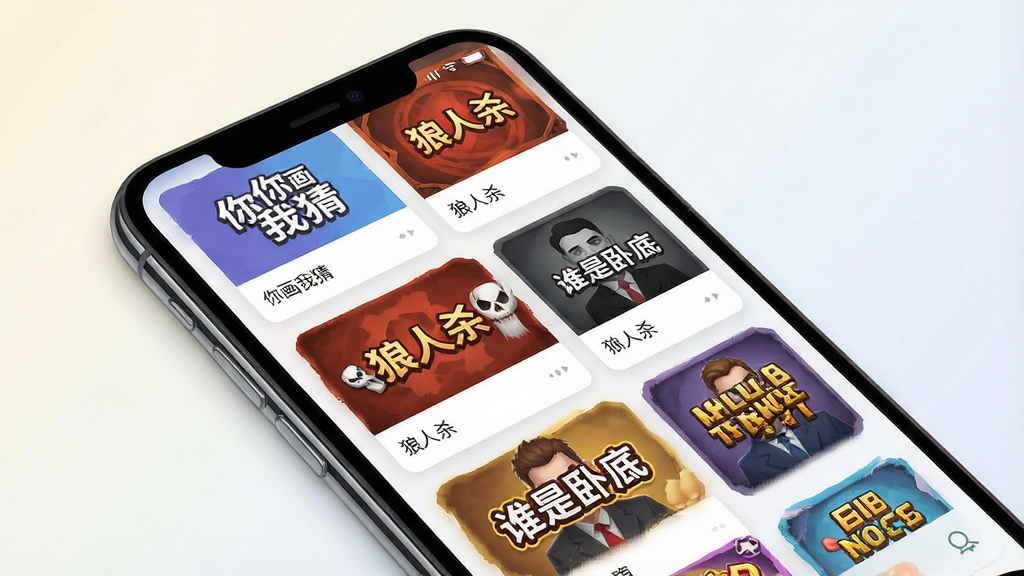 一张玩吧游戏大厅的界面展示图,画面主体为手机屏幕,屏幕内整齐排列多款游戏卡片,卡片上标注“你画我猜”“狼人杀”“谁是卧底”等字样,卡片色彩明快,背景为浅色渐变,整体布局清晰有序,风格简洁现代,画质干净清晰