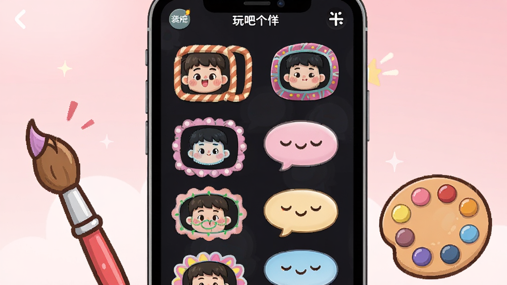 一张玩吧个性化装扮界面图,画面展示手机屏幕中的头像框选择页面,屏幕内排列多种风格的头像框与气泡样式,色彩丰富,旁边有卡通风格的画笔与调色盘元素,背景为浅粉色渐变,整体风格活泼可爱,布局整洁,画质清晰
