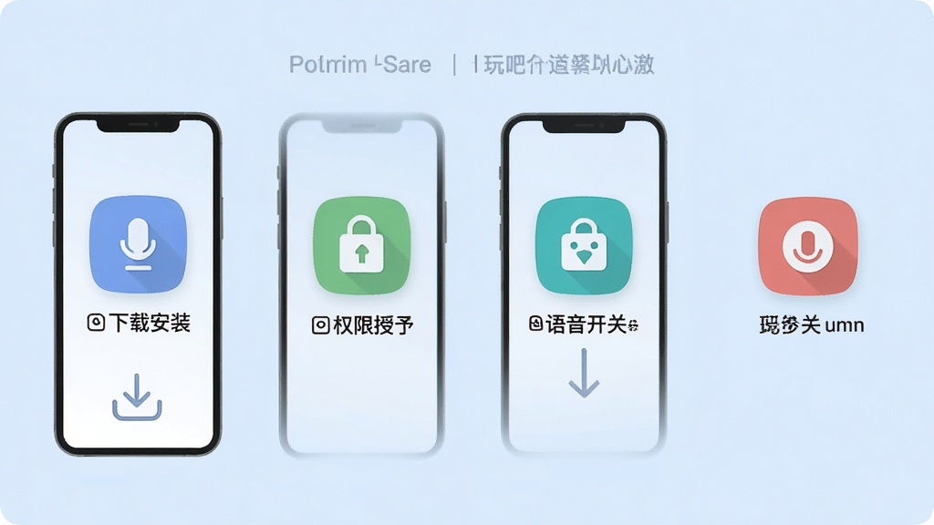 一张玩吧移动端操作指引图,画面展示手机屏幕分步操作示意,包含下载安装、权限授予、进入房间、语音开关四个步骤图标,图标风格扁平化,背景为浅蓝色,布局横向排列,画质清晰干净