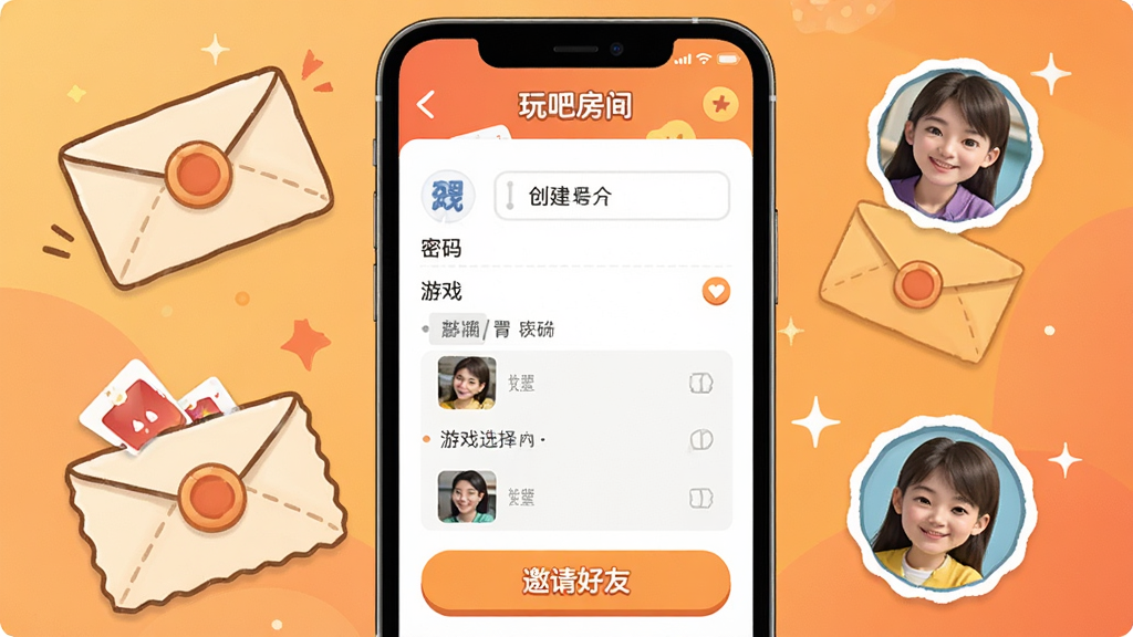 一张玩吧好友组局界面图,画面为手机屏幕展示创建房间页面,包含房间号、密码设置、游戏选择列表与邀请好友按钮,屏幕周围有卡通风格的邀请函与好友头像元素,背景为暖色调渐变,风格亲切友好,布局清晰,画质干净