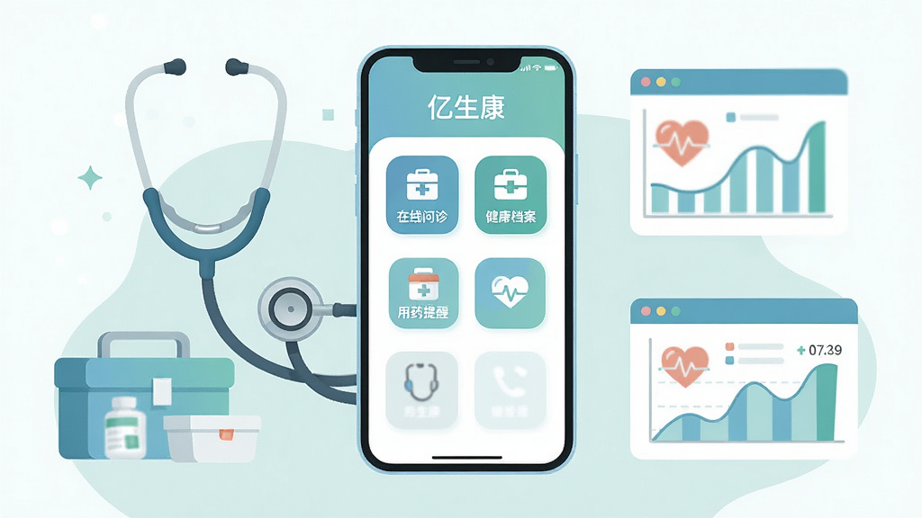 画面中央展示一部智能手机,手机屏幕上显示“亿生康”应用主界面,界面包含在线问诊、健康档案、用药提醒等功能图标,手机周围环绕听诊器、药盒、健康数据图表等医疗健康元素,布局为居中对称构图,风格为现代简洁扁平化插画,细节包括柔和的蓝绿色调、圆角图标、清晰的功能分区,画质高清,画面干净,无多余元素