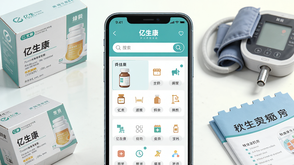 画面展示一个整洁的线上药房场景,手机屏幕显示“亿生康”大药房药品列表页面,旁边摆放药盒、血压计和健康手册,布局为手机居中、药品环绕四周,风格为清新明亮的商业插画,细节包括药盒标签清晰、手机界面有搜索框和分类图标、背景为浅色渐变,画质高清,画面干净,无多余元素