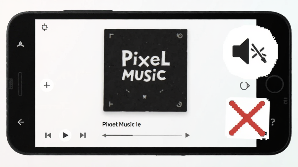 画面主体为一台安卓手机正面,屏幕显示 Pixel Music 播放界面,界面中央是大尺寸专辑封面,下方为歌曲名与播放控制按钮,背景为干净的浅色渐变,手机右侧漂浮一个静音喇叭图标与一个打叉的广告横幅图标,风格扁平简约,细节清晰,画质干净,无多余元素。