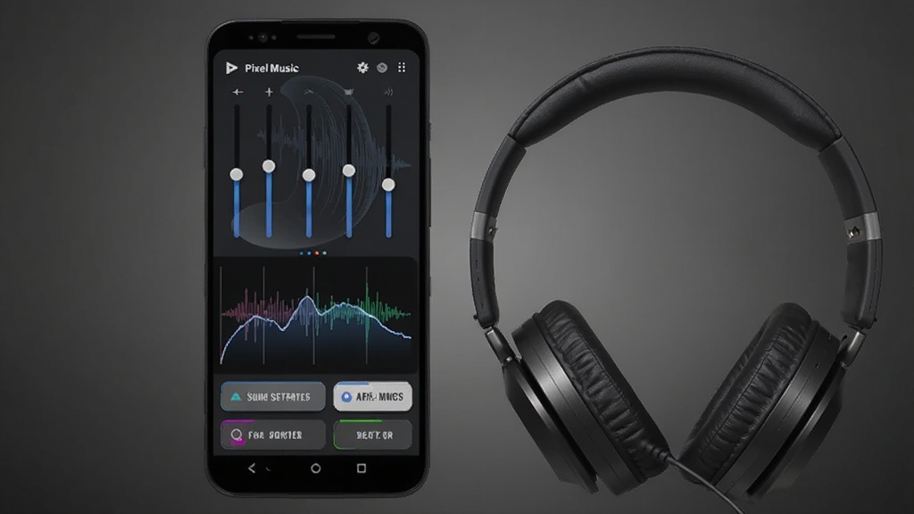 画面主体为一部安卓手机,屏幕显示 Pixel Music 的均衡器调节界面,界面中有五条垂直滑块与一条起伏的频响曲线,下方排列多个预设音效按钮,手机旁边放置一副头戴式耳机,背景为深灰色渐变,风格现代简约,细节清晰,画质干净,无多余元素。