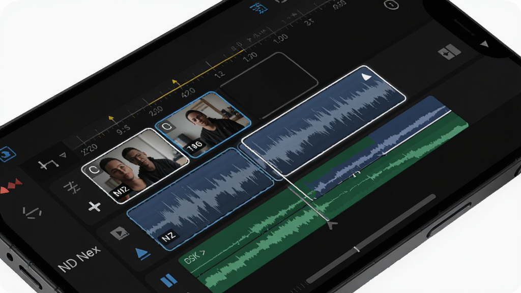 手机屏幕特写,展示 ND Nex 多轨道时间线界面,三条视频轨道与两条音频轨道清晰分层,片段边缘有高亮选中框,背景为深色剪辑界面,布局为屏幕对角线倾斜构图,风格为科技感界面展示,细节包括轨道标识、波形纹理与时间刻度,画质清晰,干净无多余元素,屏幕角落显示“ND Nex”字样
