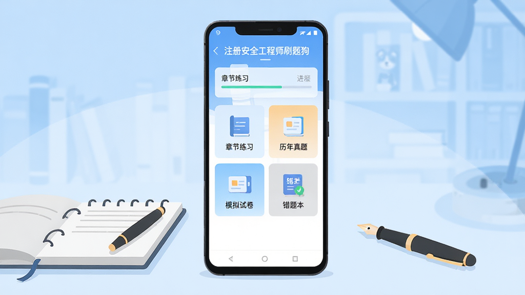 一部竖屏安卓手机居中摆放,屏幕内展示“注册安全工程师刷题狗”应用主界面,界面含章节练习、历年真题、模拟试卷、错题本四个功能入口,背景为浅蓝渐变的书房场景,桌面放置笔记本与钢笔,整体布局简洁对称,风格为清爽扁平化UI插画,细节包含进度条与答题卡图标,画质高清干净无多余元素