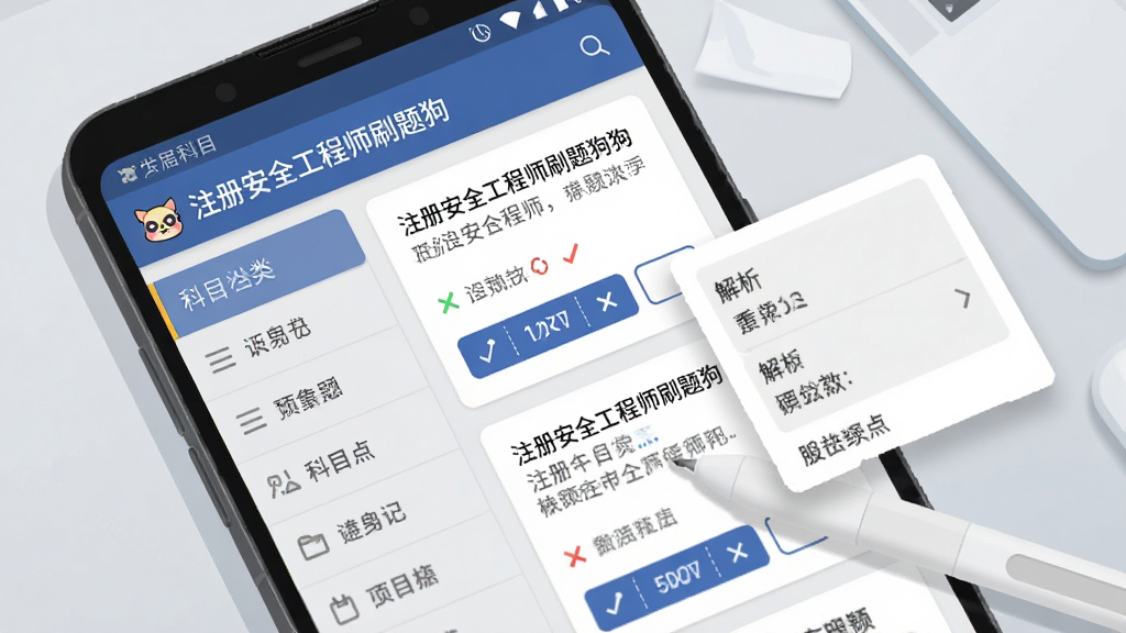 一部安卓手机屏幕特写,界面显示“注册安全工程师刷题狗”章节练习列表,左侧为科目分类导航,右侧为题目卡片与选项按钮,画面中央有一支触控笔指向答题区域,背景为浅灰色学习桌,风格为现代扁平插画,细节包含对错标记与解析弹窗,画质清晰干净