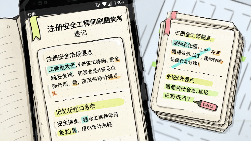 安卓手机屏幕展示“注册安全工程师刷题狗”考点速记卡片界面,卡片上写有安全法规要点与记忆口诀,背景为米白色书页质感,画面右侧叠放几张卡片形成层次感,风格为简约手账风插画,细节包含书签与荧光笔标记,画质清晰干净