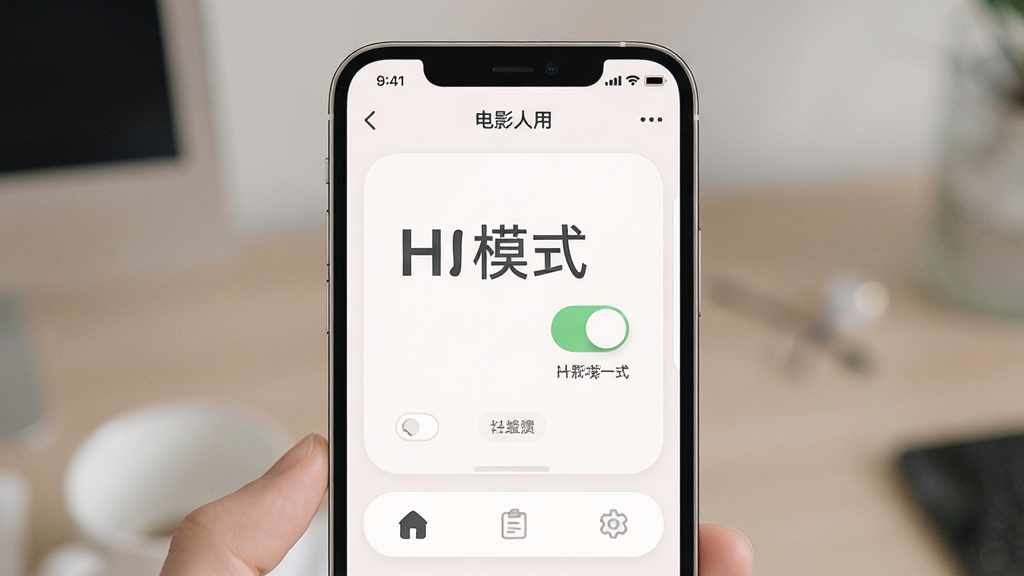 一张电影达人应用设置页面的场景图,画面中央为手机界面,屏幕内展示大字体模式开关与简洁导航栏,布局为纵向排列,风格柔和圆角,细节包括开关按钮与文字标签,画质清晰干净,无多余元素