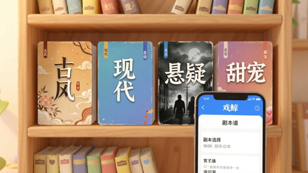 画面中展示一个虚拟书架,书架上排列着标有“古风”“现代”“悬疑”“甜宠”等字样的彩色剧本封面,书架前方放置一部手机,手机屏幕显示“戏鲸”App的剧本选择页面,整体风格温馨明亮,画质干净清晰