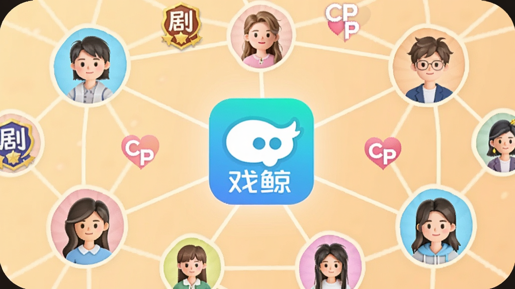 画面展示一个虚拟社交场景,多位用户头像通过线条连接形成网络,中心位置有“戏鲸”App图标,周围环绕着剧团徽章和心形CP标识,背景为柔和的暖色调,风格简洁友好,画质干净无杂乱元素