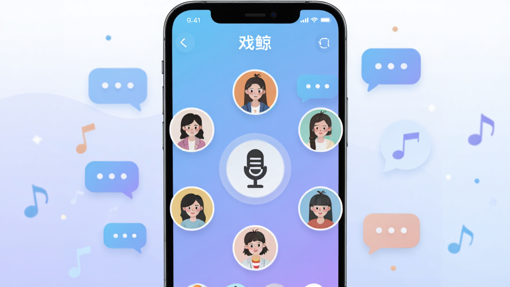 画面中央展示一部智能手机,手机屏幕上呈现“戏鲸”App的语音房间界面,界面中有多个用户头像围绕麦克风图标排列,背景是柔和的蓝紫色渐变,周围漂浮着对话气泡和音符元素,整体风格清新现代,扁平化设计,画质清晰干净,无多余装饰元素