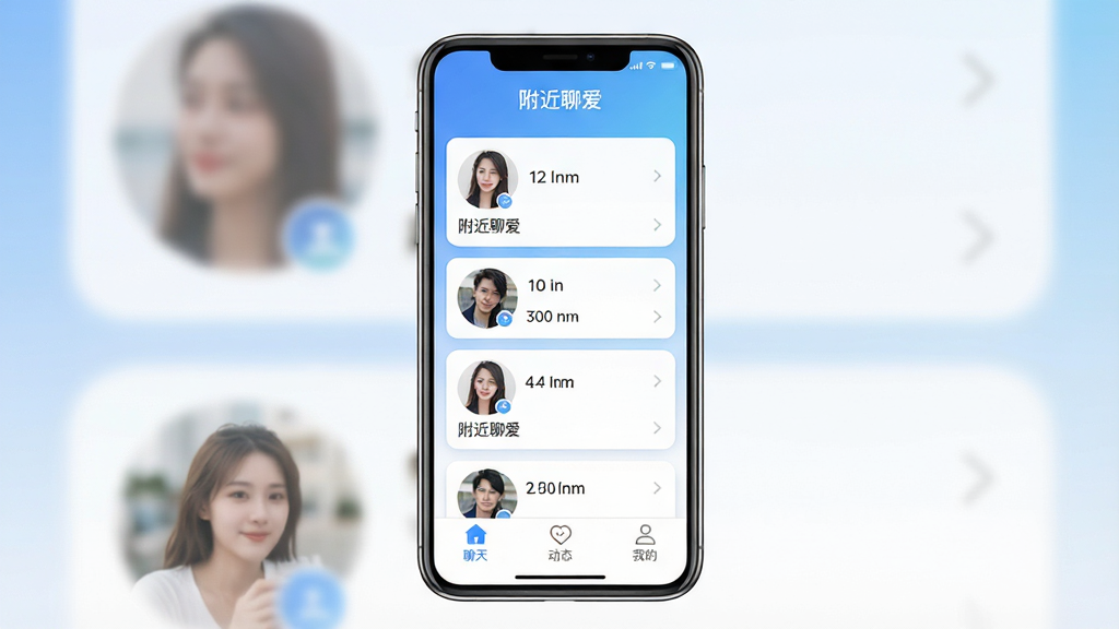 一张展示附近聊爱软件主界面的手机屏幕效果图,画面中央是一部竖屏智能手机,屏幕内呈现附近聊爱应用首页,顶部显示“附近聊爱”软件名称,中部为附近用户头像卡片列表与距离标签,底部为聊天、动态、我的等导航栏,整体采用蓝白渐变配色,风格清爽现代,排版居中对称,细节清晰,画质干净,无多余元素