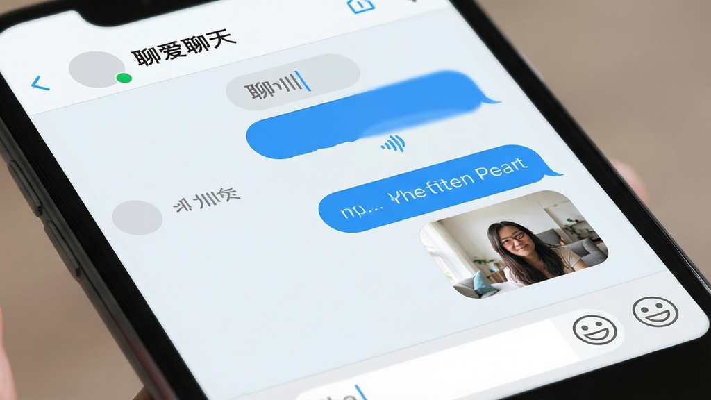一张展示附近聊爱聊天界面的效果图,画面为手机屏幕特写,屏幕内呈现一对一聊天窗口,包含文字气泡、语音条与图片消息,顶部显示聊天对象昵称,底部为输入框与表情按钮,整体采用浅色背景配蓝色气泡,风格简洁明快,排版清晰,画质干净,无多余元素