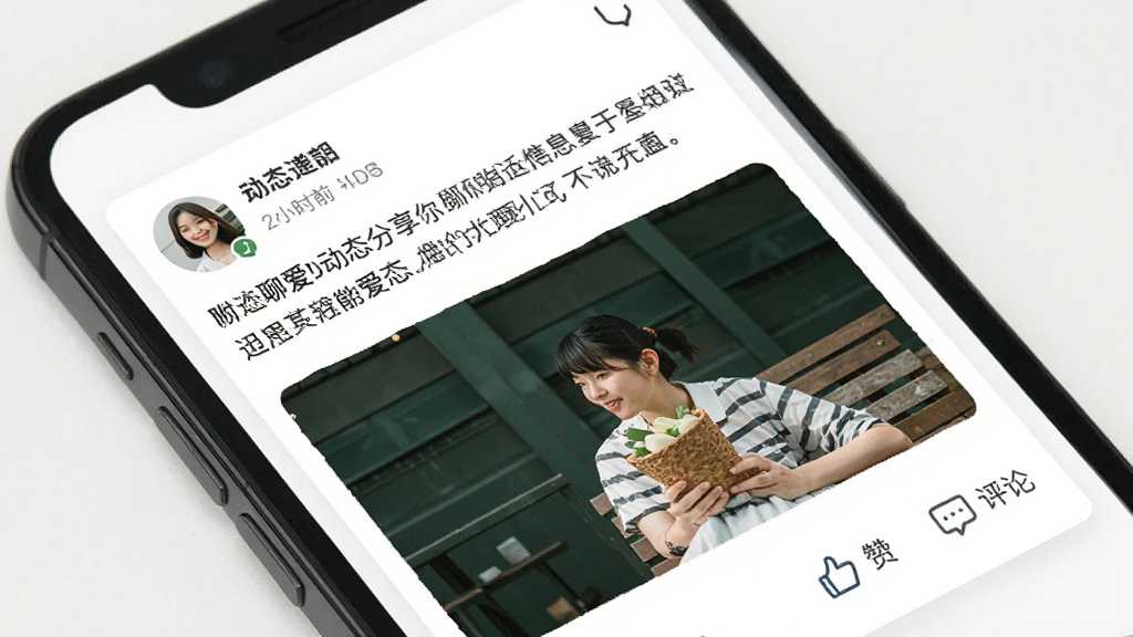 一张表现附近聊爱动态分享功能的界面图,画面为手机屏幕,屏幕内显示动态信息流,包含用户头像、发布时间、文字描述与配图,下方有点赞和评论图标,背景为白色卡片式布局,风格清新自然,细节丰富,画质干净,无多余元素