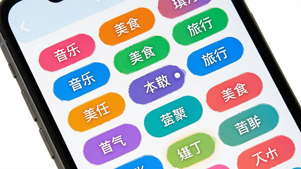 一张展示附近聊爱兴趣标签匹配功能的示意图,画面主体为手机屏幕,屏幕内呈现兴趣标签选择界面,包含多个彩色标签按钮如“音乐”“美食”“旅行”等,部分标签处于选中高亮状态,整体风格活泼明快,布局错落有致,细节清晰,画质干净,无多余元素