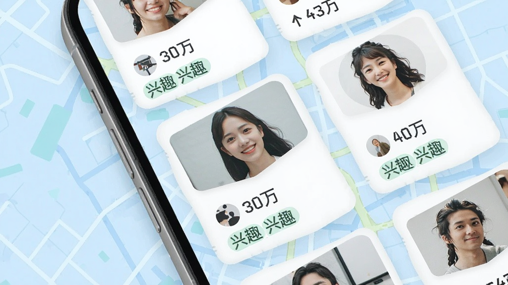 一张表现附近聊爱附近人推荐功能的界面示意图,画面主体为手机屏幕,屏幕中显示多位附近用户的头像卡片,每张卡片带有距离数值与兴趣标签,背景为浅蓝色地图纹理,风格清新简约,布局整齐,细节清晰,画质干净,无多余元素