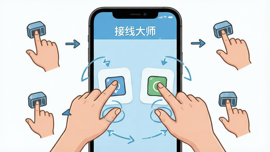 一张“接线大师”新手操作引导示意图,画面为手机屏幕内显示双指缩放与拖拽元件的手势提示,屏幕旁有简洁的操作步骤标注,整体布局为手机居中、手势图标环绕,风格为清新教学插画风,细节清楚,画质干净,无多余元素
