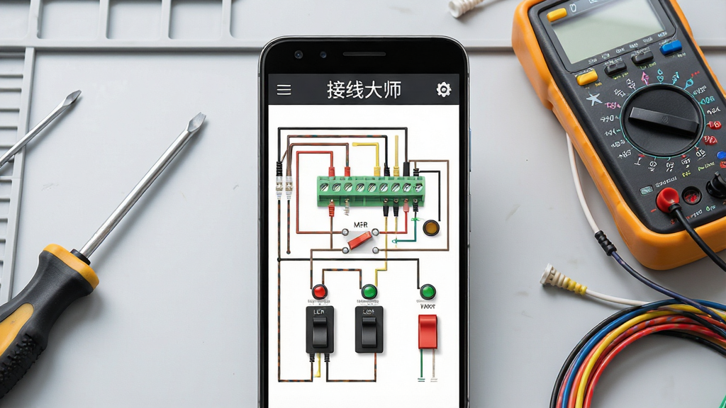一张展示“接线大师”软件主界面的手机应用场景图,画面中央是一部竖屏安卓手机,屏幕内显示电路接线模拟界面,包含导线、端子排、开关与指示灯元件,界面顶部有“接线大师”文字标识,手机周围散落着电工螺丝刀、万用表与彩色导线,背景为干净浅灰色工作台面,风格为写实产品展示风,细节清晰,画质高清,干净无多余元素