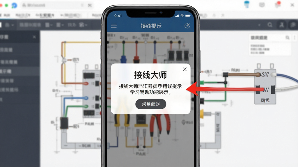 一张“接线大师”错误提示与学习辅助功能展示图,画面为手机屏幕内弹出接线错误提示框,提示框旁有红色标记指向问题导线,屏幕背景为电路接线界面,整体布局为手机居中、提示信息突出,风格为教育类应用展示风,细节明确,画质高清,干净无多余元素