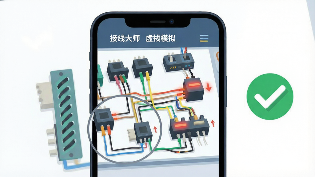 一张“接线大师”虚拟接线模拟功能的特写图,画面主体为手机屏幕内的电路接线操作台,屏幕中显示多个电气元件与彩色导线连接关系,部分导线高亮显示通断状态,屏幕旁配有一个绿色对勾图标表示接线正确,整体布局为手机居中、元件细节放大,风格为科技感扁平插画风,细节丰富,画质清晰,干净无多余元素