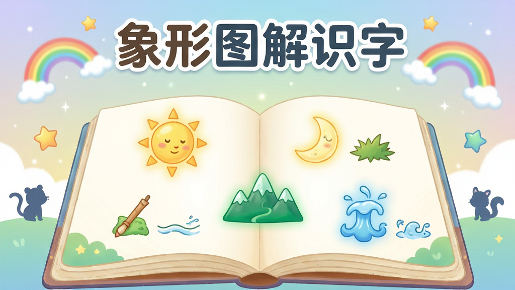 画面主体为一本打开的卡通风格电子绘本,书页中央悬浮着多个发光象形汉字如日、月、山、水,每个字旁边配有对应的简笔图画,布局为居中对称式构图,排版上软件名称“象形图解识字”以圆润可爱的字体置于画面顶部,风格为清新明快的儿童插画风,细节包括漂浮的星星、彩虹、小动物剪影以及柔和的渐变背景,画质清晰干净无多余元素
