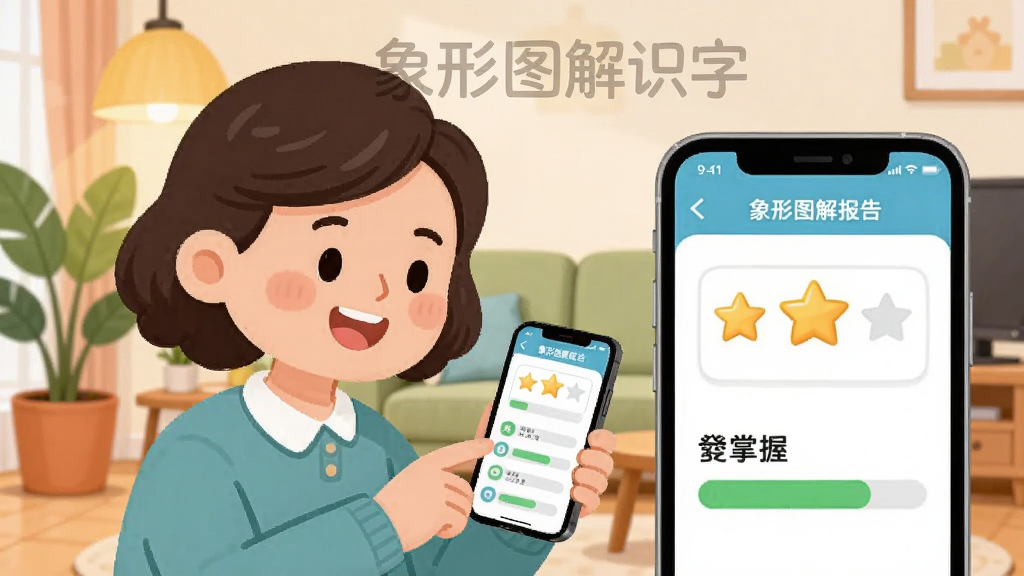 画面主体为一位卡通家长形象正微笑着查看手机屏幕上的学习报告图表,屏幕中显示星星数量与汉字掌握进度条,布局为人物在左、手机屏幕在右的并排构图,排版上软件名称“象形图解识字”以水印形式淡显于背景,风格为温馨家庭插画风,细节包括客厅背景、绿植、柔和灯光,画质清晰干净无多余元素