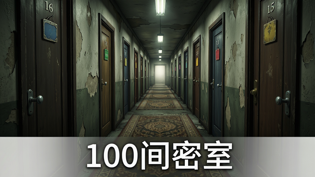 主体为一条向远处延伸的走廊,两侧排列着编号不同的房门,每扇门上挂着不同颜色的门牌,布局采用一点透视构图,走廊尽头有一束光,排版在画面下方留出空间放置文字