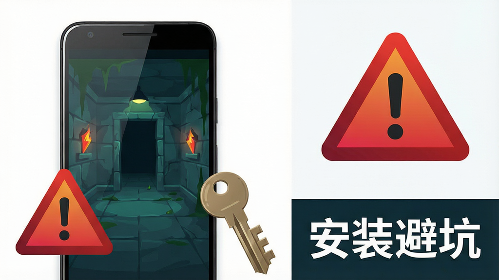主体为一部竖屏安卓手机,屏幕显示密室逃脱游戏界面,旁边放置一个红色警示三角图标和一把钥匙,布局采用左右分栏构图,手机在左、警示图标在右上方,排版在下方留出横条空间放置文字