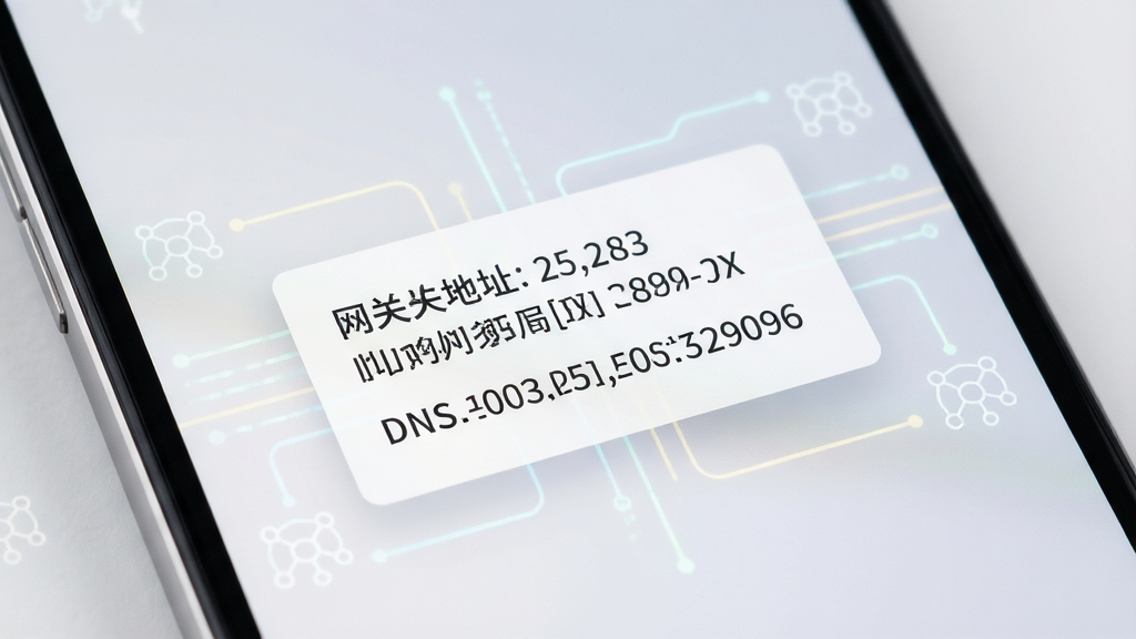 手机屏幕特写,画面中央展示一张网关信息卡片,卡片上以清晰字体标注网关地址与DNS信息,周围环绕浅色数据线条与网络图标,风格简洁商务,背景为柔和灰白渐变,画质细腻干净,无杂乱元素