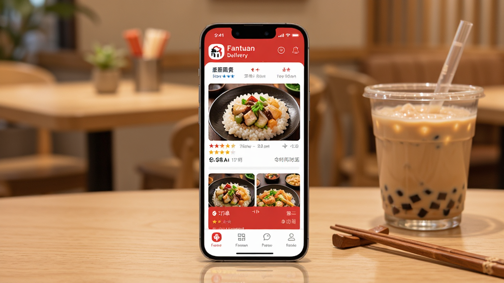 主体为一部智能手机屏幕显示饭团外卖 Fantuan Delivery 应用首页界面,屏幕中呈现中餐美食列表与订单卡片,手机放置在一张浅木色桌面上,旁边配有一杯奶茶和一双筷子,布局为居中构图手机占画面主体,背景为虚化的温馨餐厅环境,风格为现代清爽的产品展示风,细节包括应用图标、菜品缩略图、评分星级与配送时间标签清晰可见,画质为高清写实、干净无多余元素