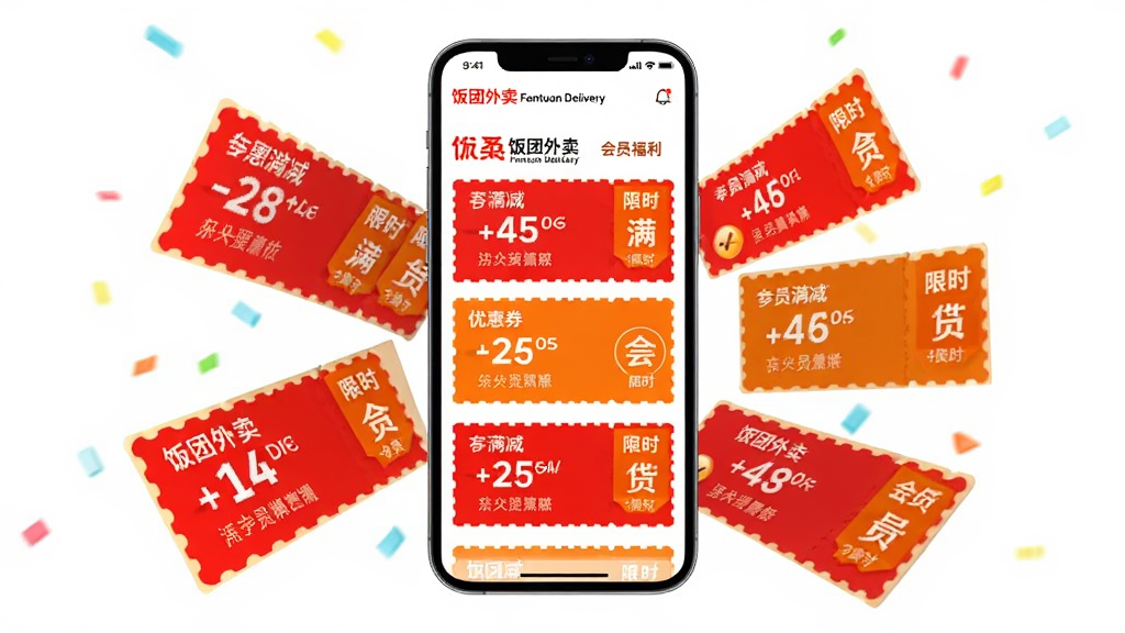 主体为饭团外卖 Fantuan Delivery 优惠券与会员福利页面,画面中央为手机屏幕展示多张红色与橙色优惠券卡片、满减标签与会员图标,布局为手机居中、优惠券呈扇形展开漂浮在屏幕周围,风格为促销活动视觉风,细节包括“饭团外卖 Fantuan Delivery”字样、折扣数字与限时标签,画质高清明亮、干净无杂乱元素