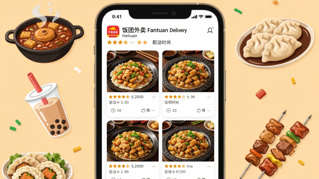 主体为饭团外卖 Fantuan Delivery 应用中餐商家列表页面,画面中央为手机屏幕显示多家餐厅卡片与菜品图片,布局为手机居中、四周环绕漂浮的美食图标如火锅、奶茶、饺子、烧烤串,风格为扁平化插画与写实结合的美食展示风,细节包括“饭团外卖 Fantuan Delivery”应用名称标签、评分星星与配送时长标识,画质高清干净、色彩温暖、无多余元素