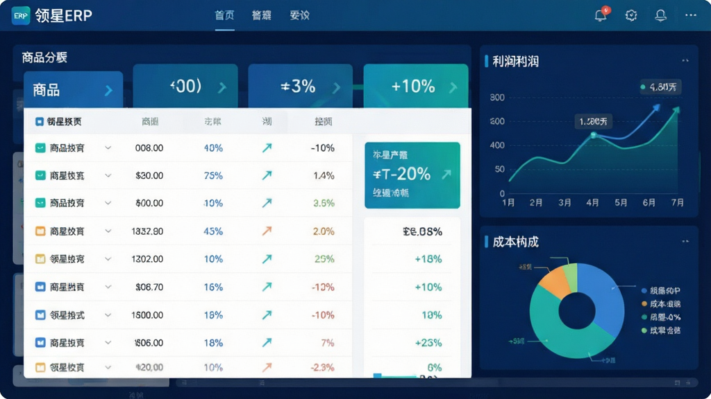 一张体现财务利润分析的软件界面图,画面中央为一块横向展开的报表看板,左侧为商品列表,右侧为利润曲线与成本构成饼图,整体配色以深蓝与青绿为主,界面中带有